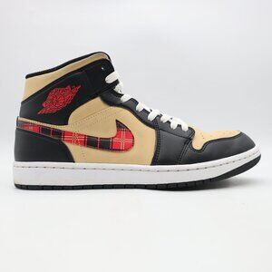 Nike Air Jordan 1 Mid SE Men's 10 Tartan Swoosh Black Red Sneakers DZ5329-001